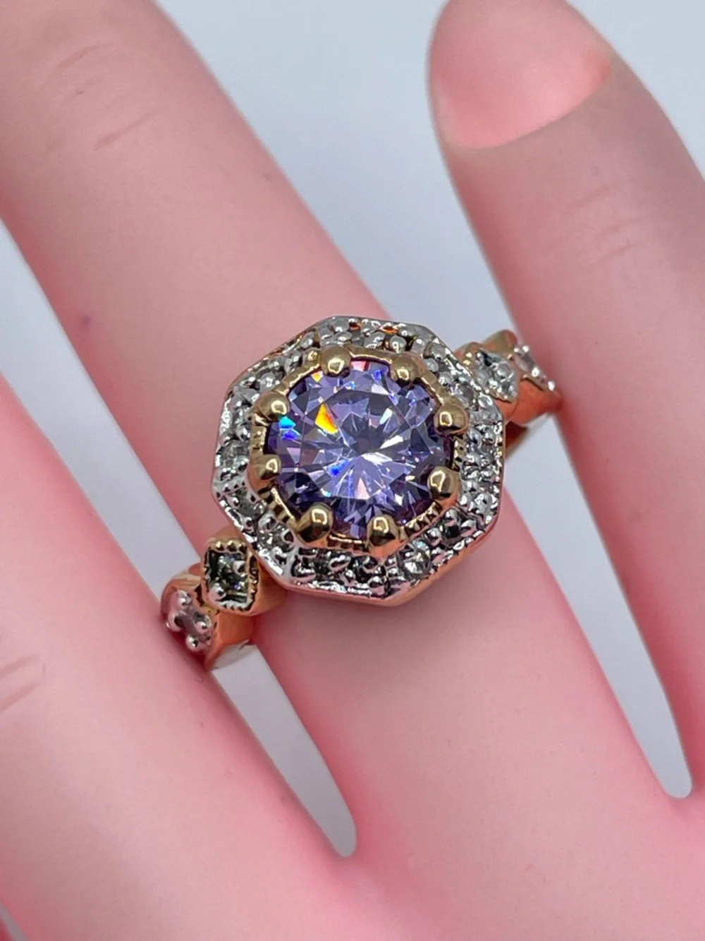 Swarovski Amethyst Purple Crystal Elements Halo Ring Gold Sz 7 Art Deco
